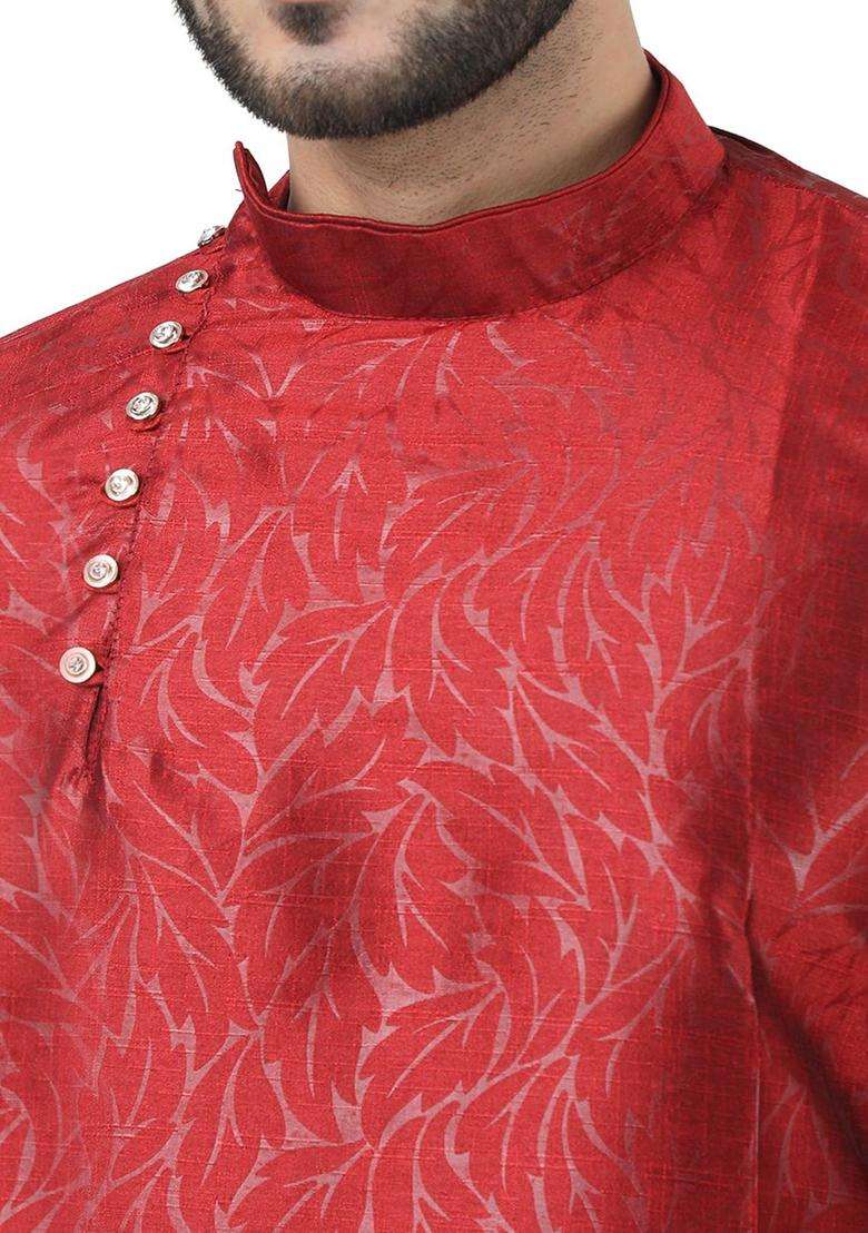 Red Woven Design Silk Blend Kurta Set For Men - Indya