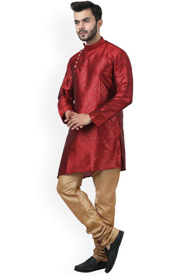 Red Woven Design Silk Blend Kurta Set For Men - Indya
