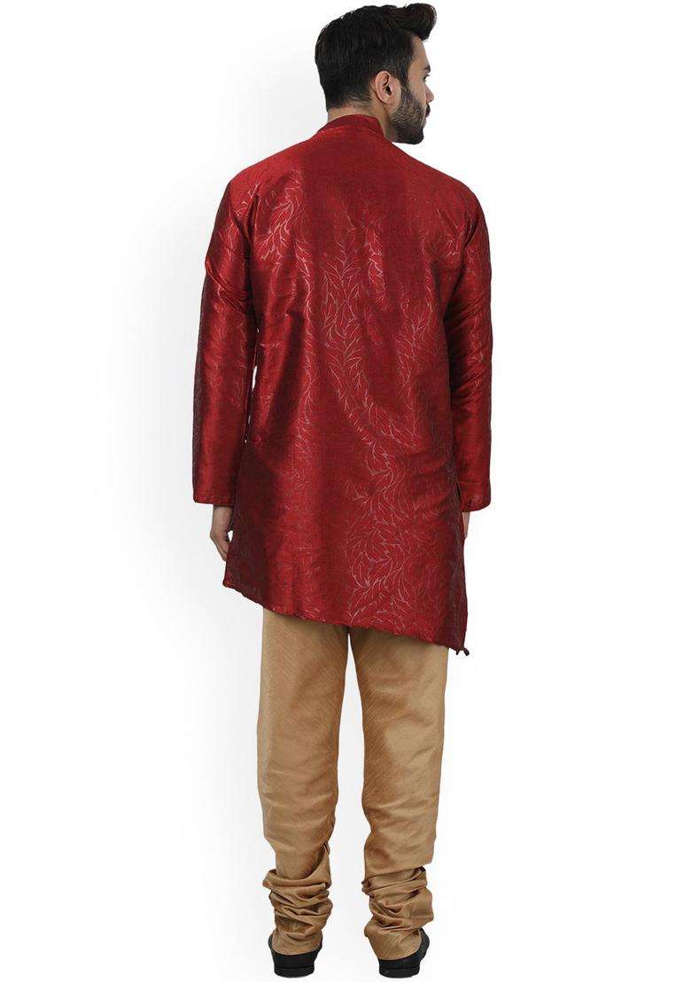 Red Woven Design Silk Blend Kurta Set For Men - Indya