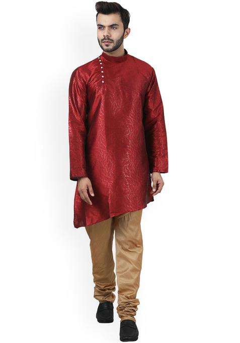 Red Woven Design Silk Blend Kurta Set For Men