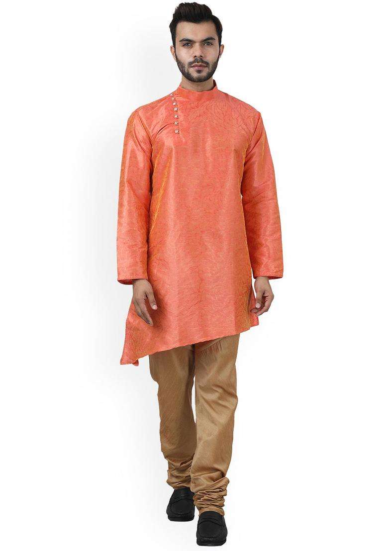 Peach Woven Design Silk Blend Kurta Set For Men - Indya