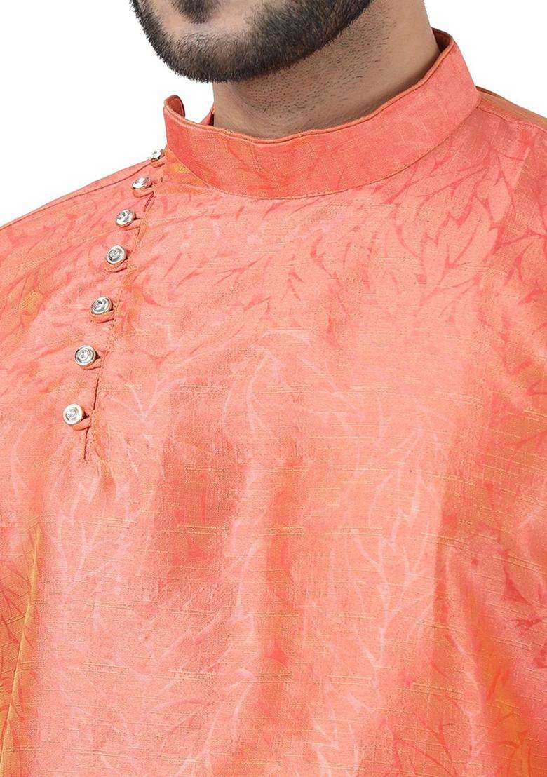 Peach Woven Design Silk Blend Kurta Set For Men - Indya