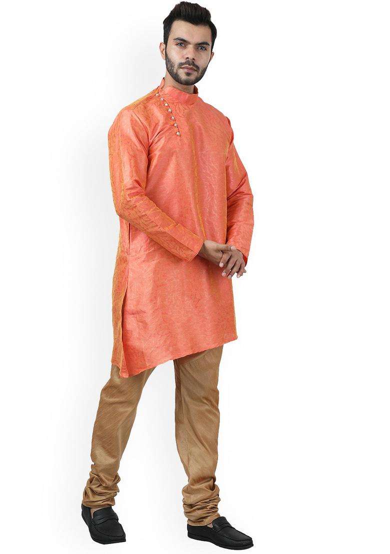 Peach Woven Design Silk Blend Kurta Set For Men - Indya