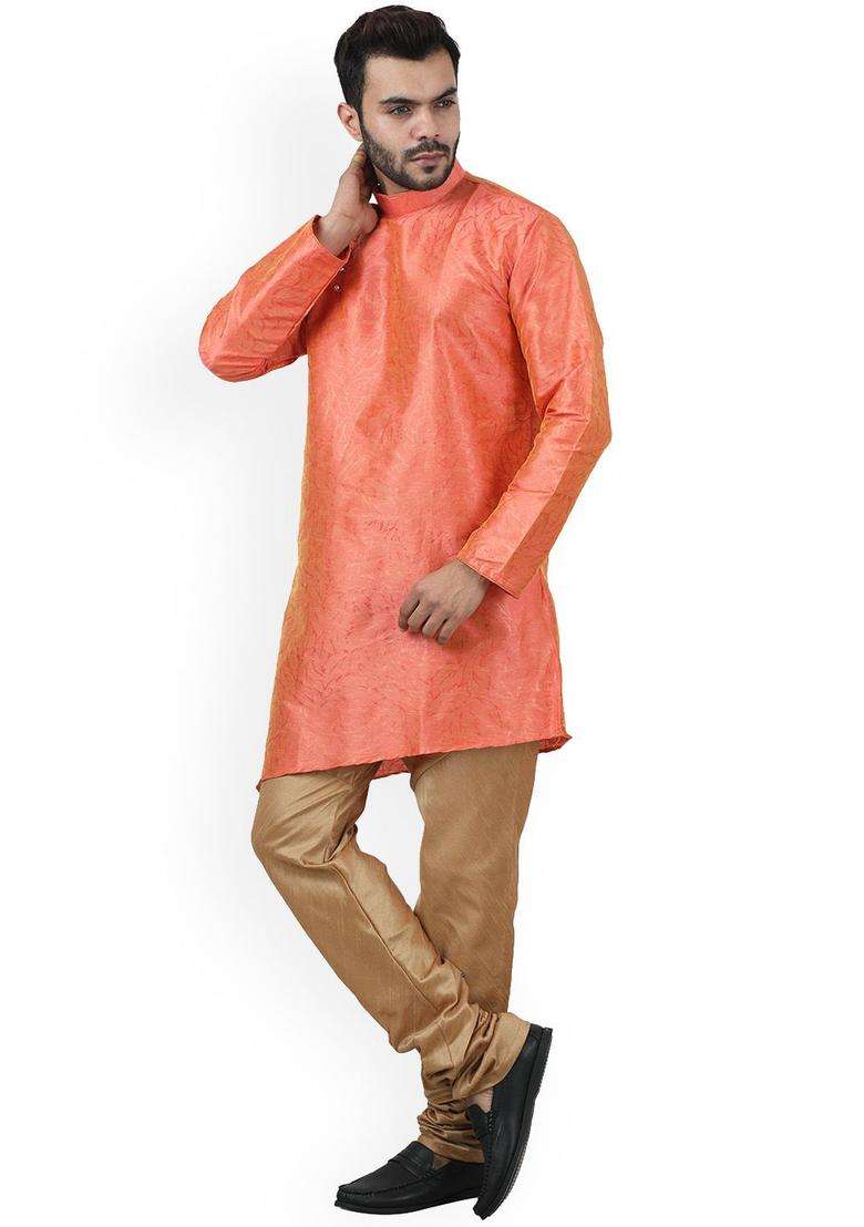 Peach Woven Design Silk Blend Kurta Set For Men - Indya