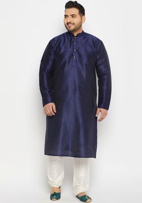 Navy Blue Solid Silk Kurta Set For Men