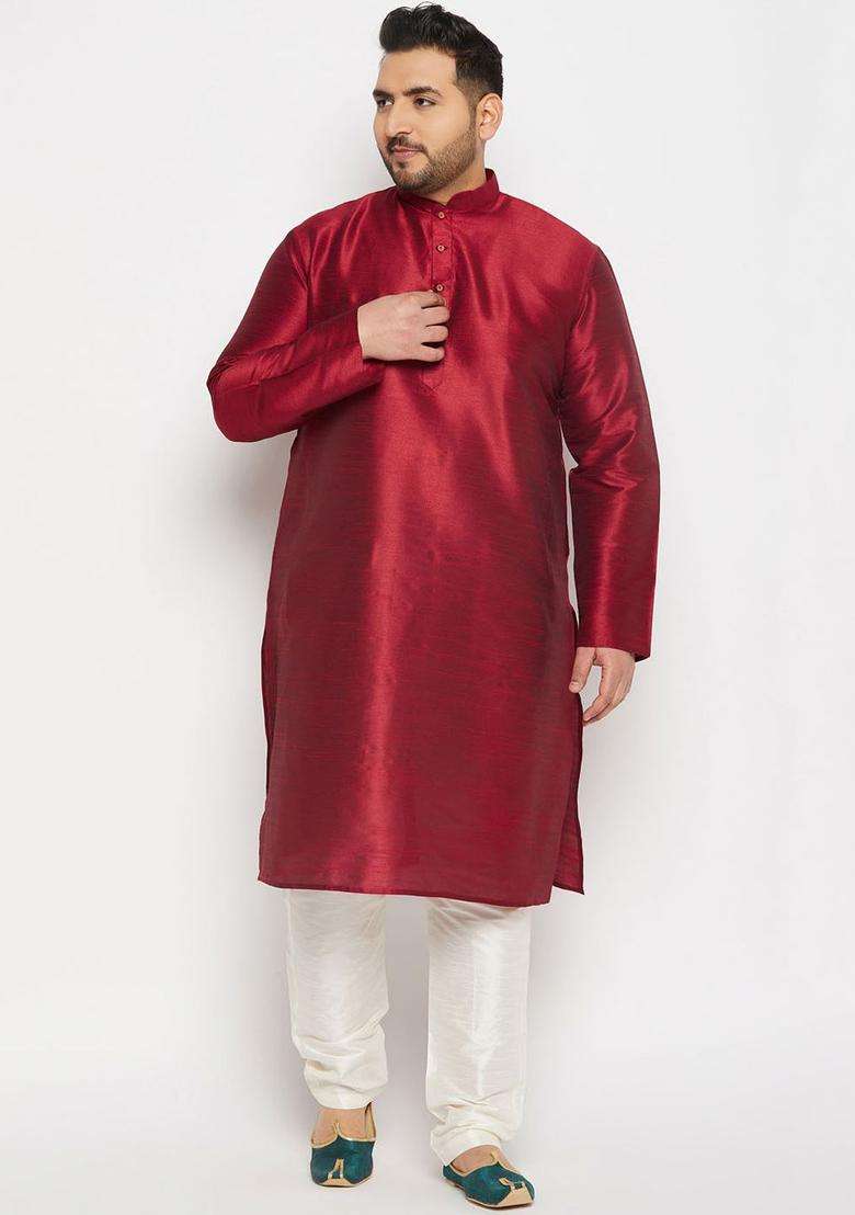 Maroon Solid Silk Blend Kurta Set For Men - Indya