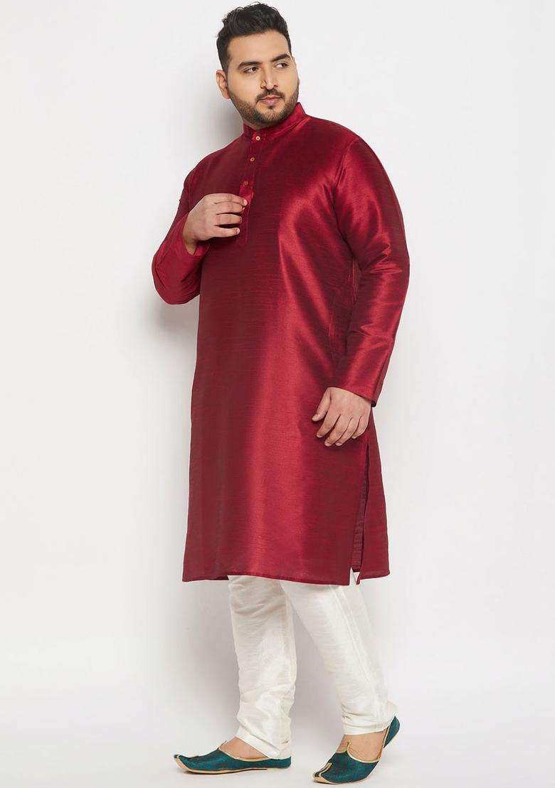 Maroon Solid Silk Blend Kurta Set For Men - Indya