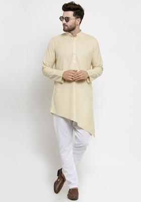 Beige Solid Linen Kurta Set For Men