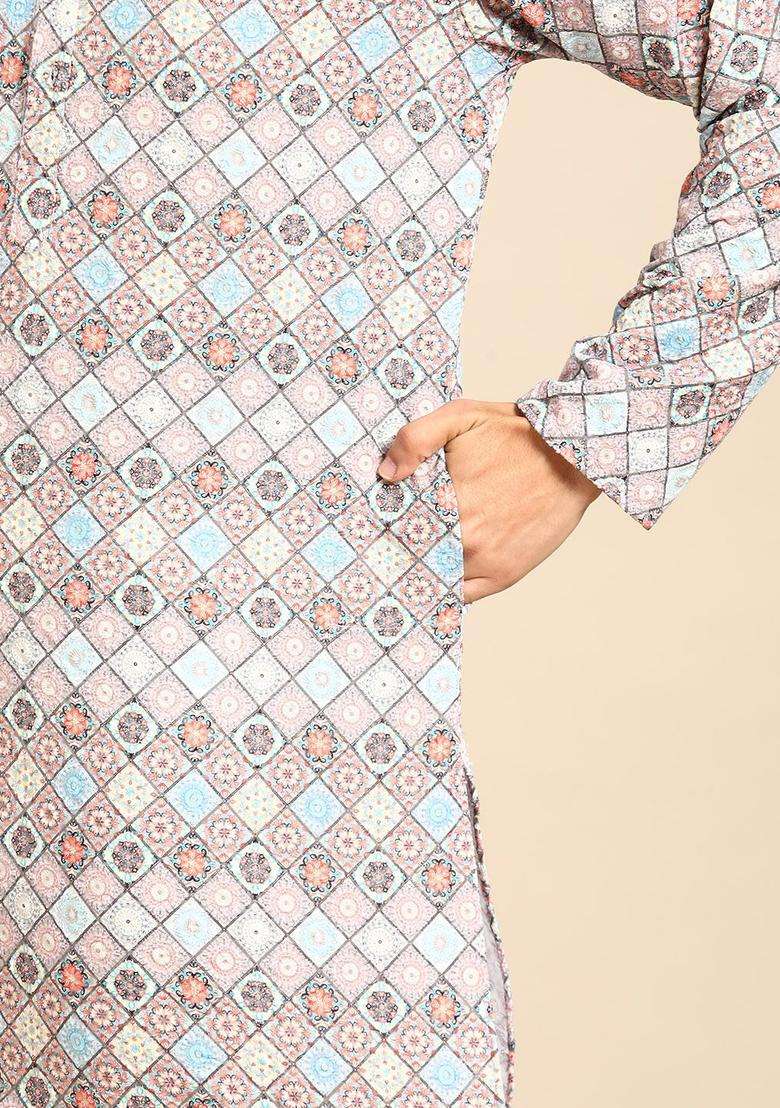 Multi Embroidered Cotton Kurta Set For Men - Indya