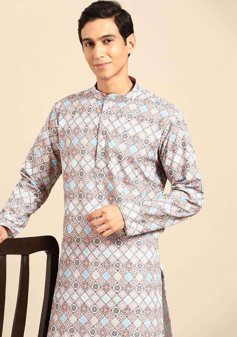 Multi Embroidered Cotton Kurta Set For Men - Indya