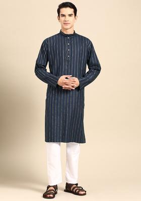 Navy Blue Striped Cotton Kurta Set For Men