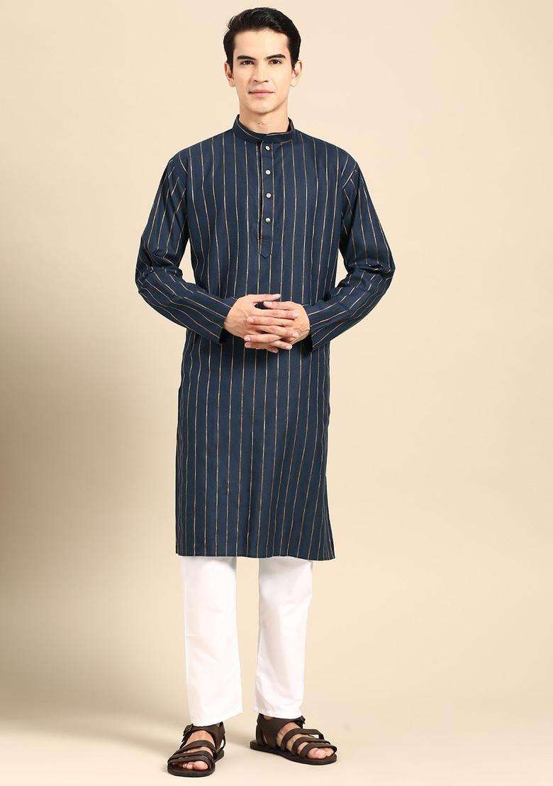 Navy Blue Striped Cotton Kurta Set For Men - Indya