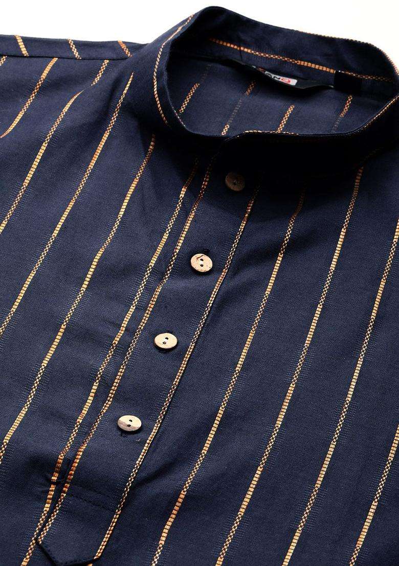 Navy Blue Striped Cotton Kurta Set For Men - Indya