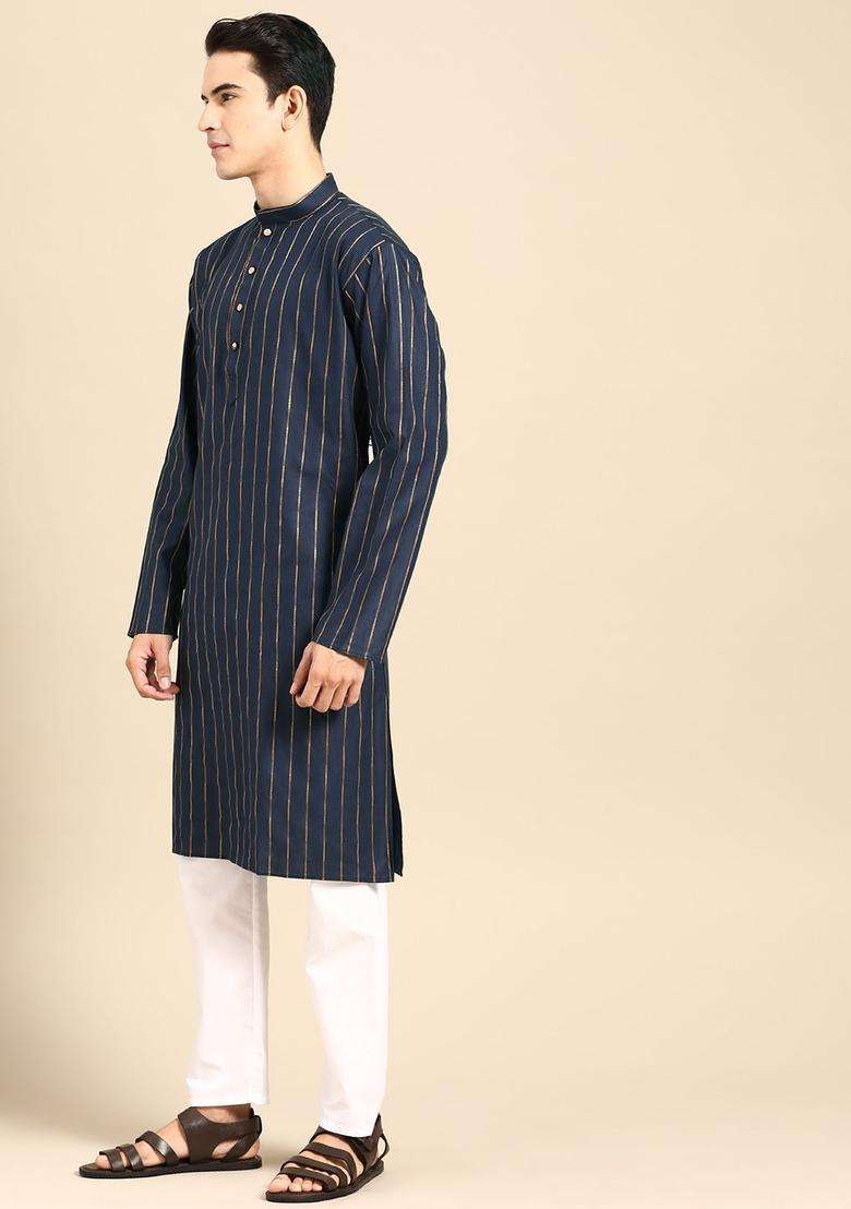 Navy Blue Striped Cotton Kurta Set For Men - Indya
