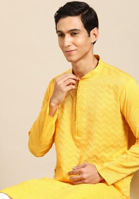 Yellow Self Design Cotton Kurta Set For Men