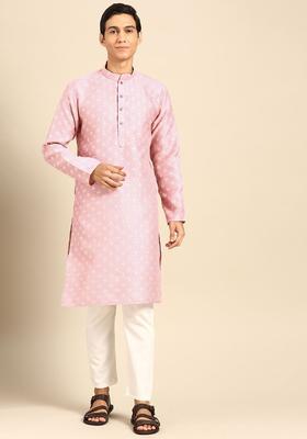 Pink Printed Cotton Kurta Set For Men