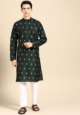 Green Printed Cotton Kurta Set For Men