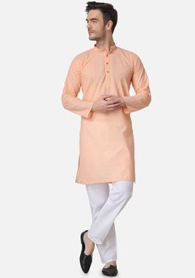 Peach Embroidered Cotton Kurta Set For Men