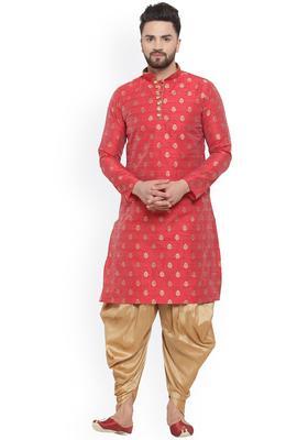 Maroon Woven Design Silk Kurta Set For Men