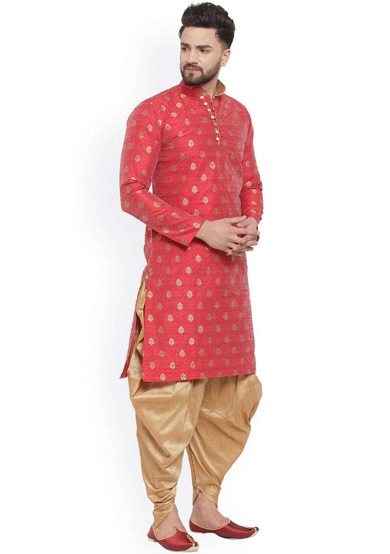 Maroon Woven Design Silk Blend Kurta Set For Men - Indya
