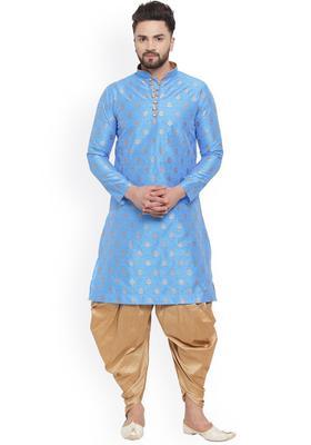 Blue Woven Design Silk Kurta Set For Men