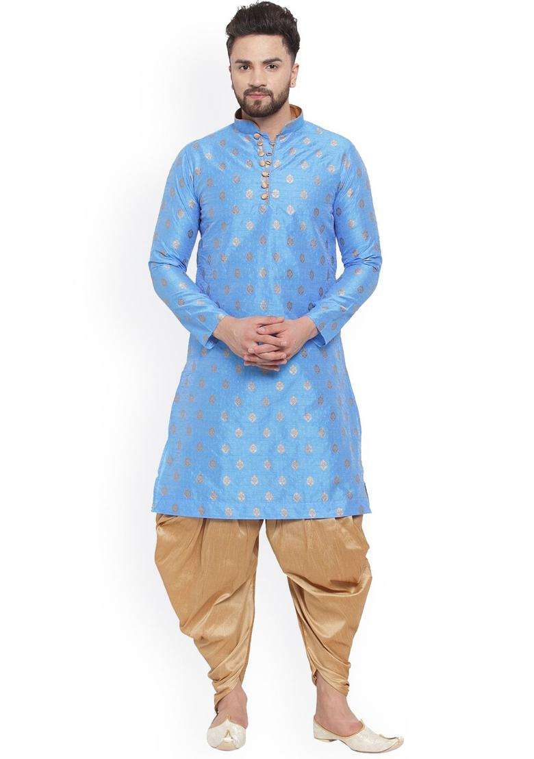 Blue Woven Design Silk Blend Kurta Set For Men - Indya