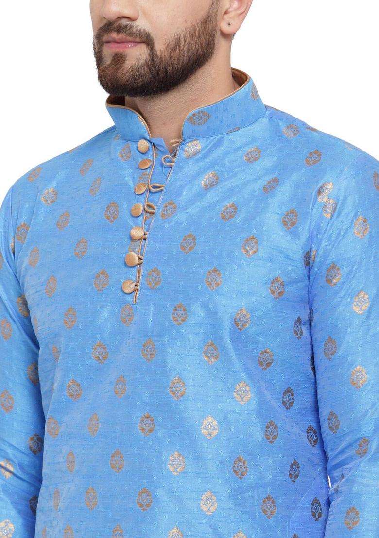 Blue Woven Design Silk Blend Kurta Set For Men - Indya