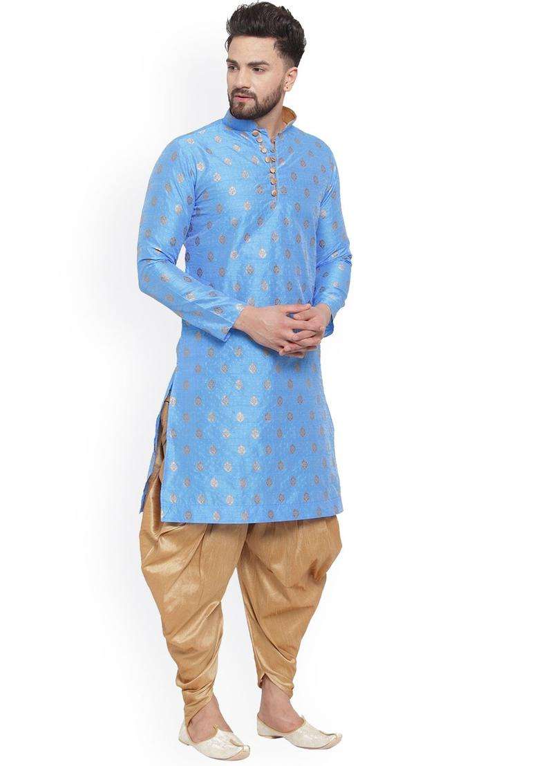 Blue Woven Design Silk Blend Kurta Set For Men - Indya