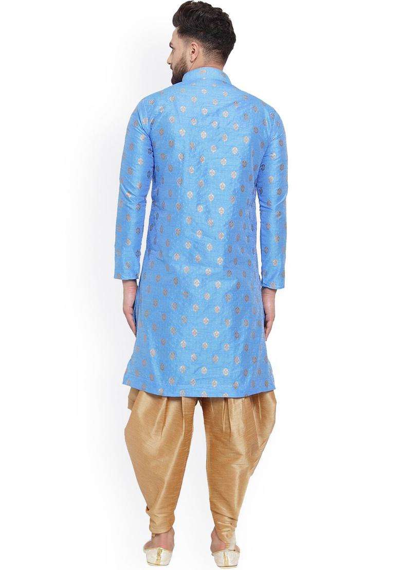 Blue Woven Design Silk Blend Kurta Set For Men - Indya
