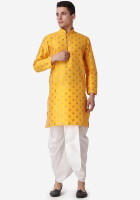 Mustard Printed Silk Kurta Set For Men