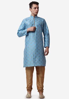 Blue Printed Silk Kurta Set For Men