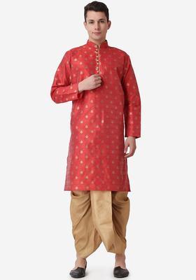 Maroon Printed Silk Kurta Set For Men