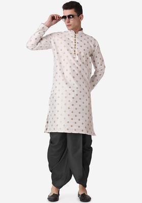 Beige Woven Design Silk Blend Kurta Set For Men
