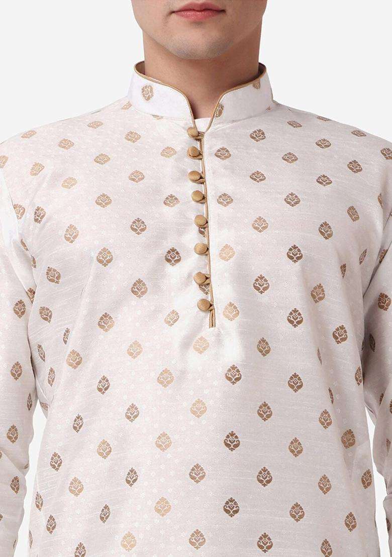 Beige Woven Design Silk Blend Kurta Set For Men - Indya