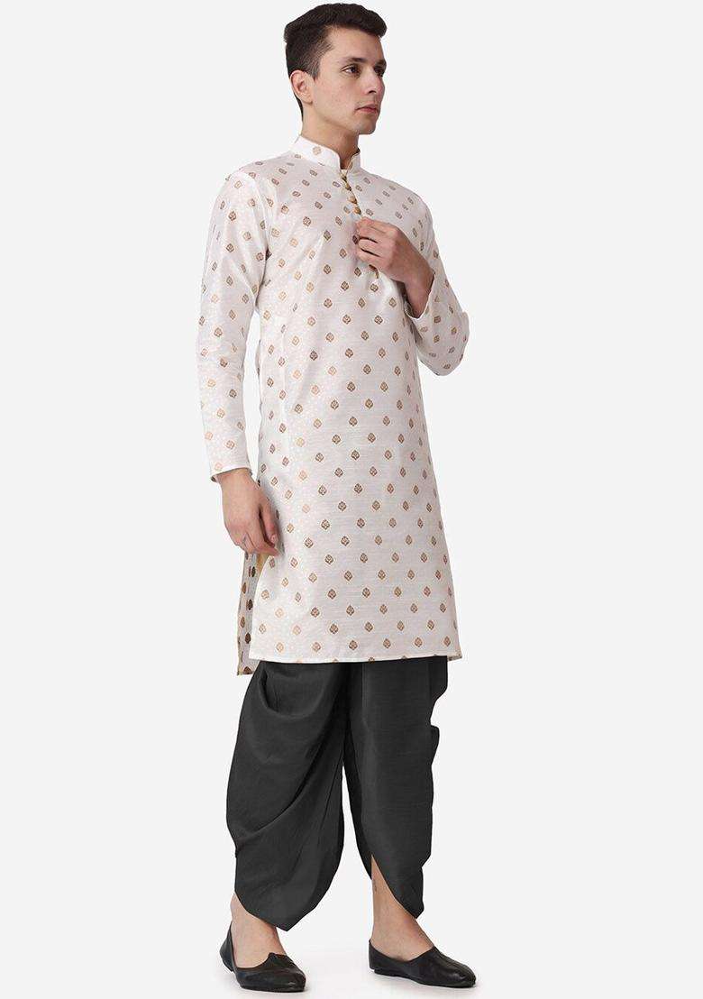 Beige Woven Design Silk Blend Kurta Set For Men - Indya