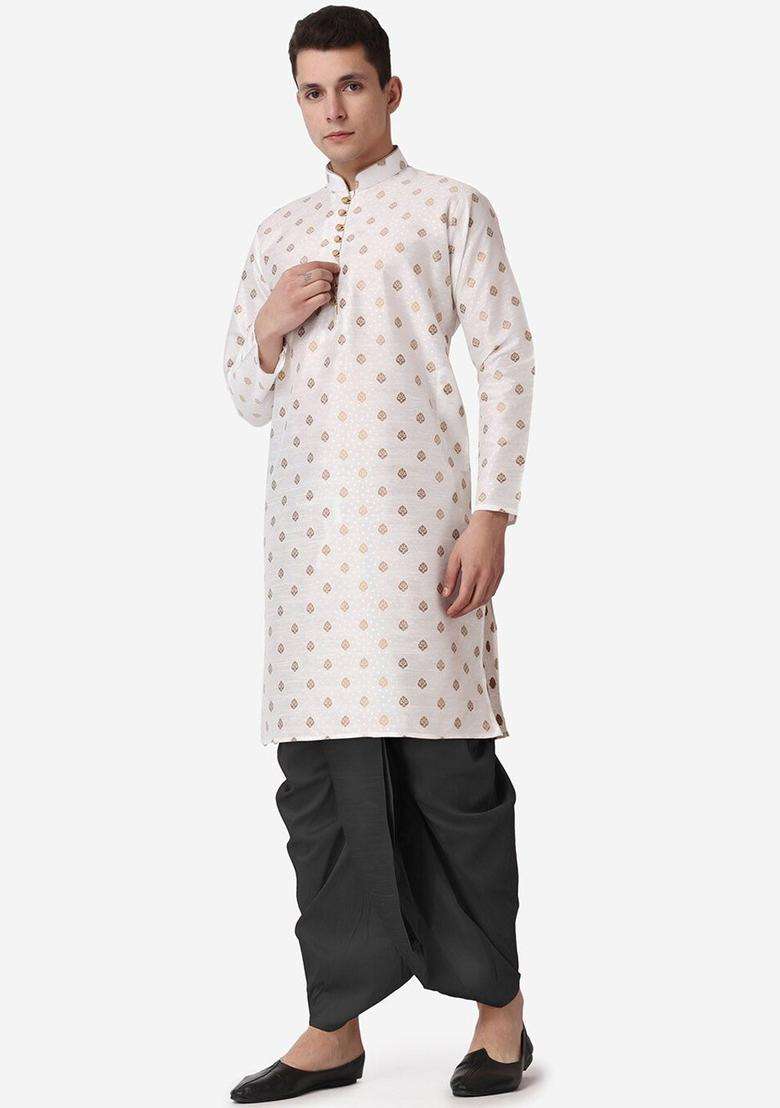 Beige Woven Design Silk Blend Kurta Set For Men - Indya
