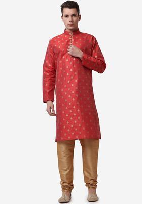 Maroon Printed Silk Kurta Set For Men