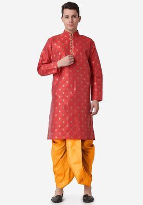 Maroon Printed Silk Kurta Set For Men