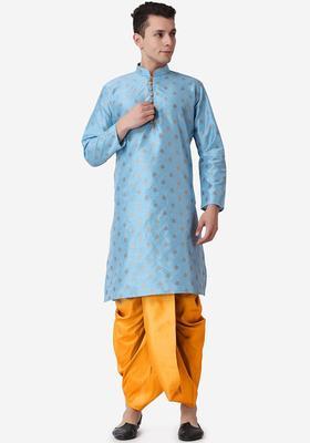 Blue Printed Silk Kurta Set For Men