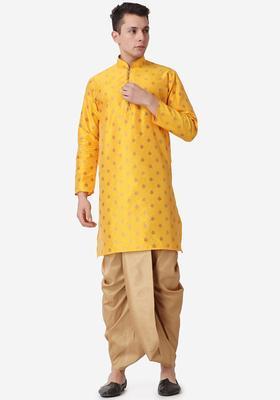 Mustard Printed Silk Kurta Set For Men
