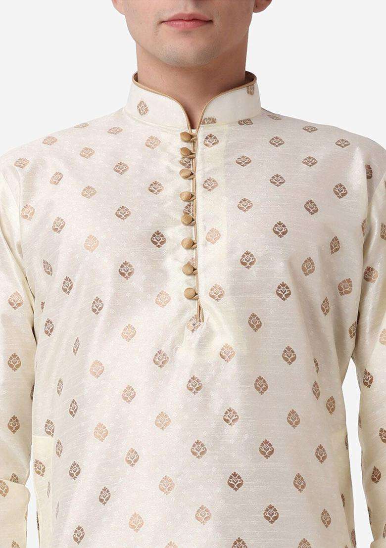 Gold Printed Silk Blend Kurta Set For Men - Indya
