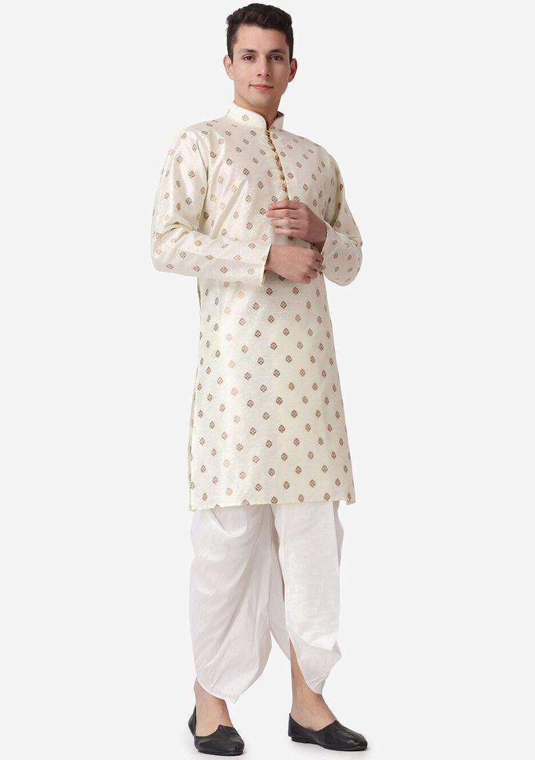 Gold Printed Silk Blend Kurta Set For Men - Indya