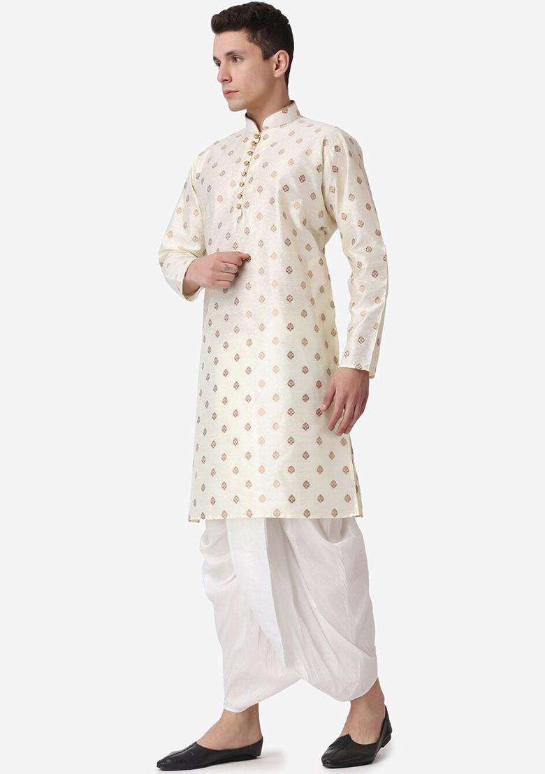 Gold Printed Silk Blend Kurta Set For Men - Indya