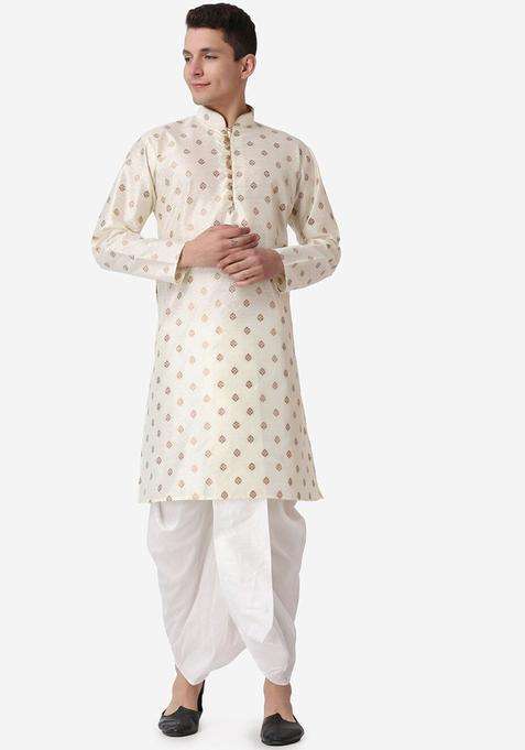 Gold Printed Silk Blend Kurta Set For Men