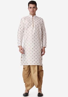 Beige Woven Design Silk Kurta Set For Men