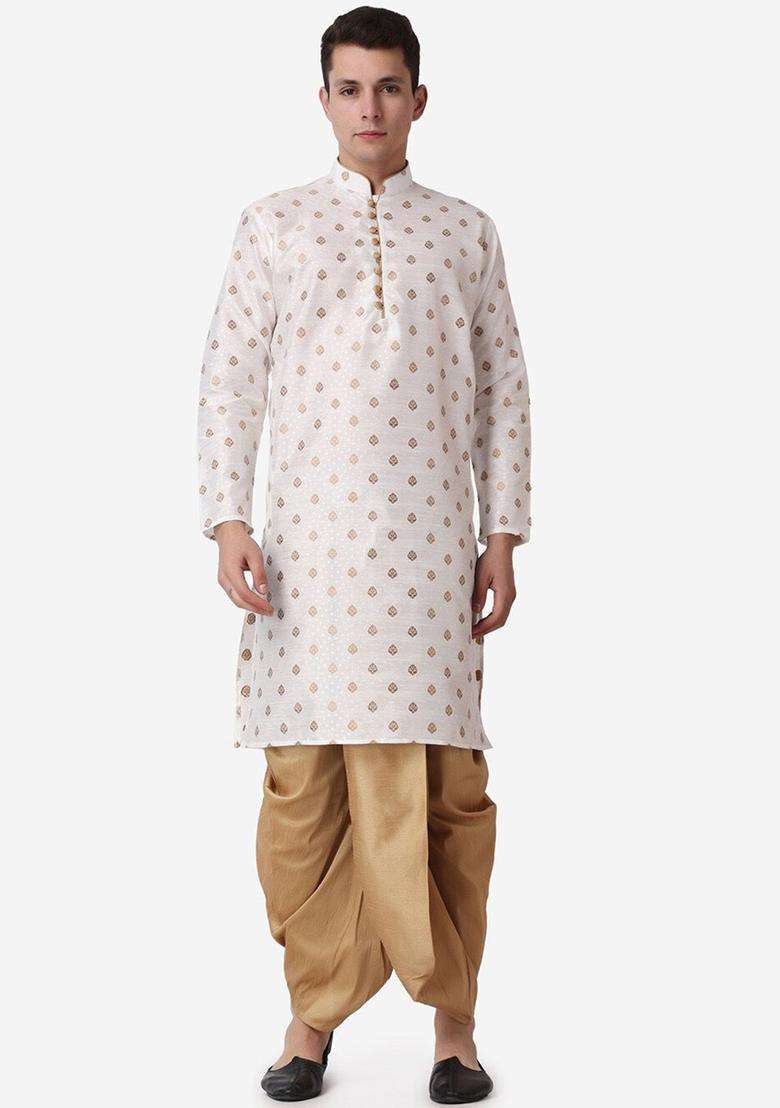 Beige Woven Design Silk Blend Kurta Set For Men - Indya