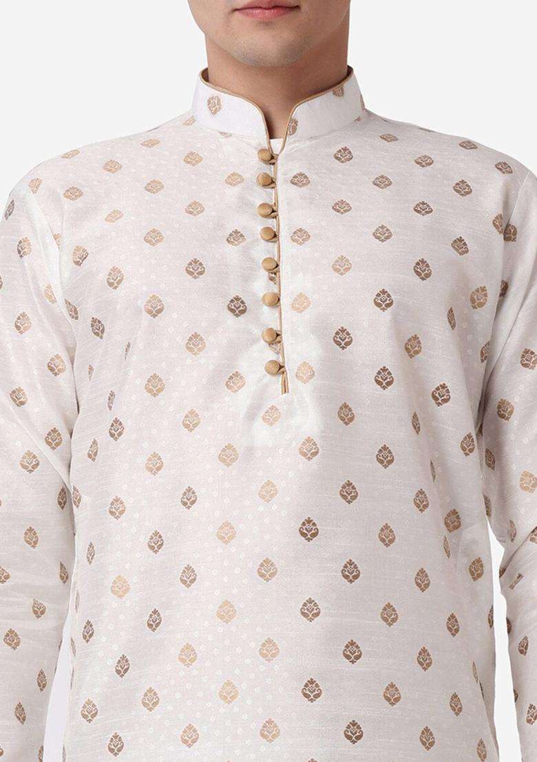 Beige Woven Design Silk Blend Kurta Set For Men - Indya