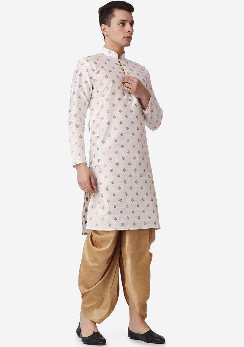 Beige Woven Design Silk Blend Kurta Set For Men - Indya
