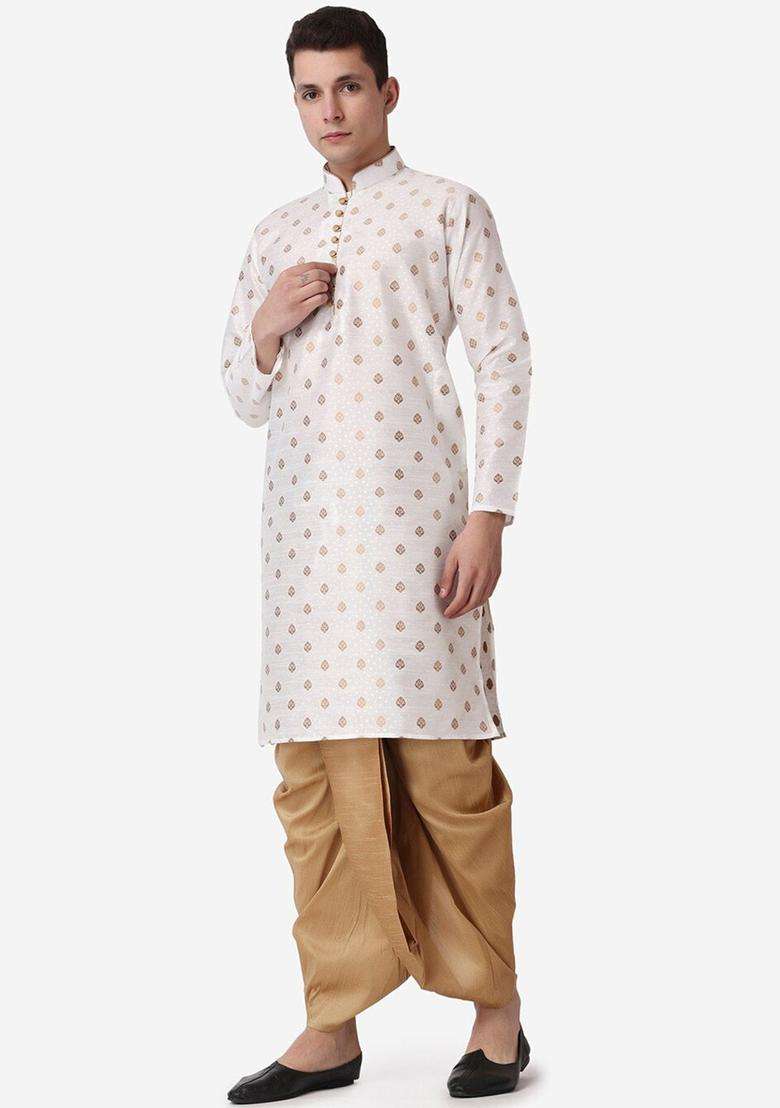 Beige Woven Design Silk Blend Kurta Set For Men - Indya