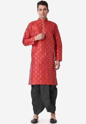 Maroon Woven Design Silk Kurta Set For Men